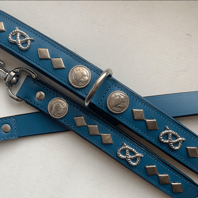 Staffordshire Bull Terrier 1935® Läderhalsband & Koppel Set - Gentleman Jim - Blå/Silver