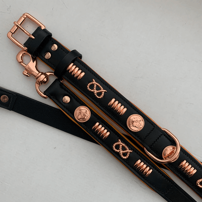 Staffordshire Bull Terrier 1935® Läderhalsband & Koppel Set - Gladiator - Svart/Roséguld