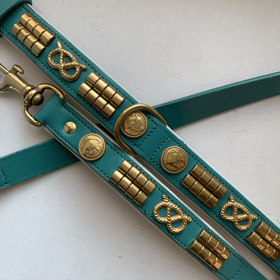 Staffordshire Bull Terrier 1935® Läderhalsband & Koppel Set - Jefferson - Turkos/guld