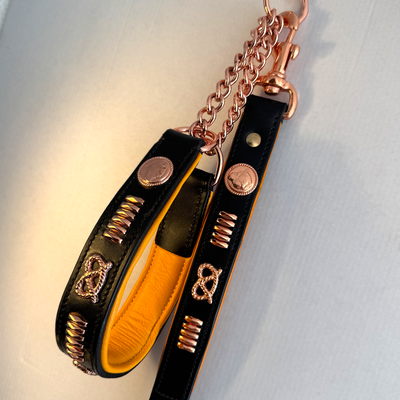Staffordshire Bull Terrier 1935® Läderhalsband & Koppel Set - Gladiator - Svart/Roséguld