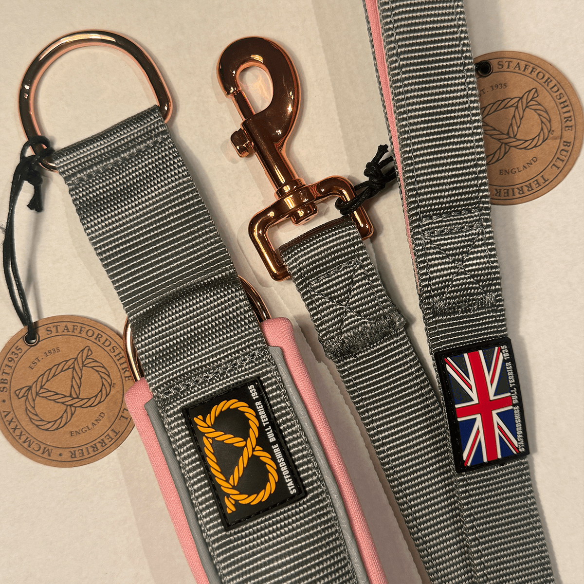 Staffordshire Bull Terrier 1935® Collier Martingale - Gris & Bébé Rose et Or Rose