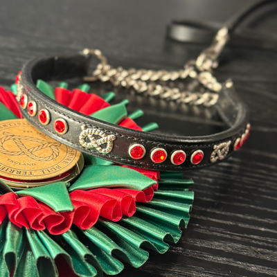 Staffordshire Bull Terrier 1935® Half Check Collier et laisse d'exposition - Rubis - Noir et Argent