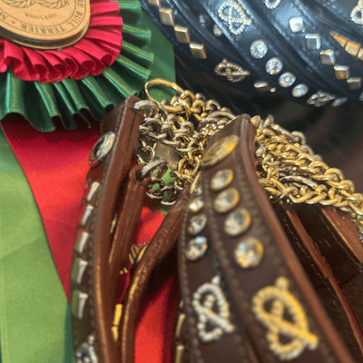 Staffordshire Bull Terrier 1935® Utställningshalsband Halvstryp & Koppel Set - Champion - Brun & Guld