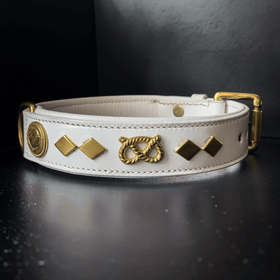 Staffordshire Bull Terrier 1935® Läderhalsband & Koppel Set - Gentleman Jim - Vit/guld