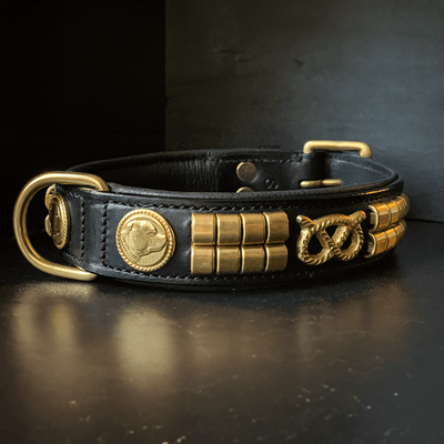 Staffordshire Bull Terrier 1935® Läderhalsband & Koppel Set - Jefferson - Svart/Guld