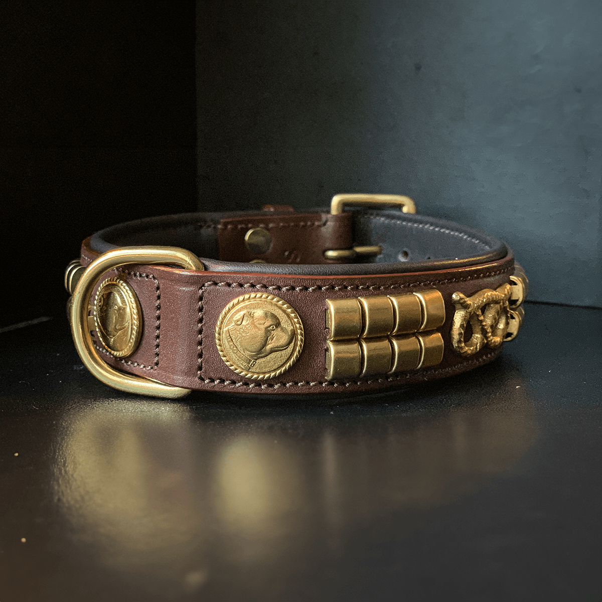 Staffordshire Bull Terrier 1935® Läderhalsband & Koppel Set - Jefferson - Brun/Guld