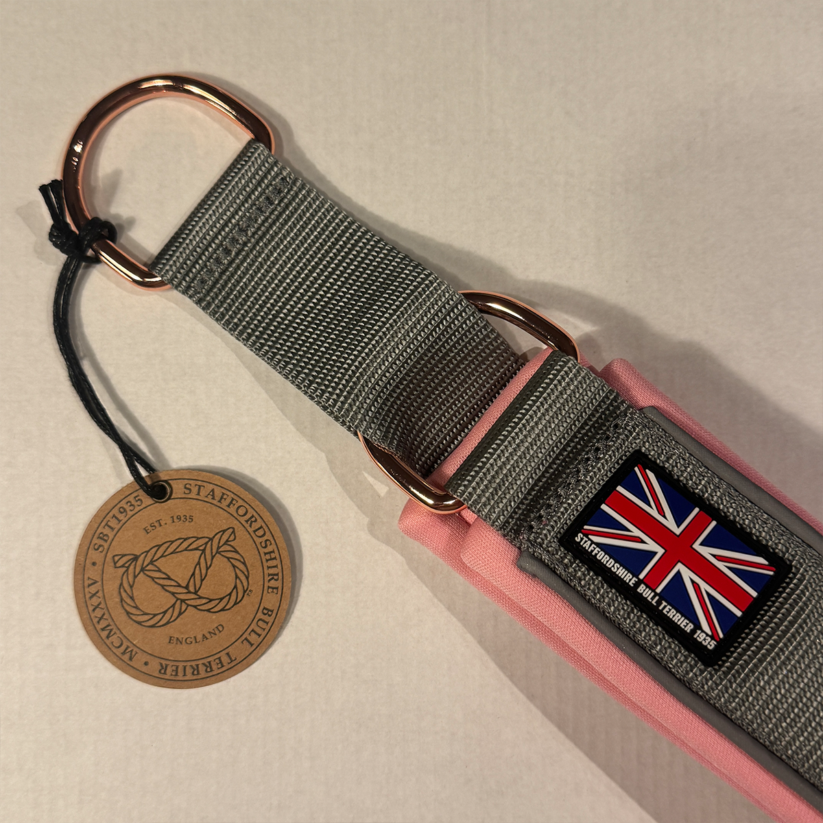 Staffordshire Bull Terrier 1935® Martingale Collar - Grey & Baby Pink w Rose Gold