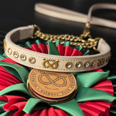 Staffordshire Bull Terrier 1935® Utställningshalsband Halvstryp & Koppel Set - Diamond - Vit & Guld