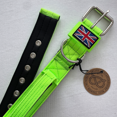 Staffordshire Bull Terrier 1935® Nylonhalsband med handtag - Chevy Edition - Neongrön